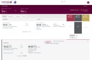 Screenshot showing JetBlue Mint award bookable using Qatar Avios