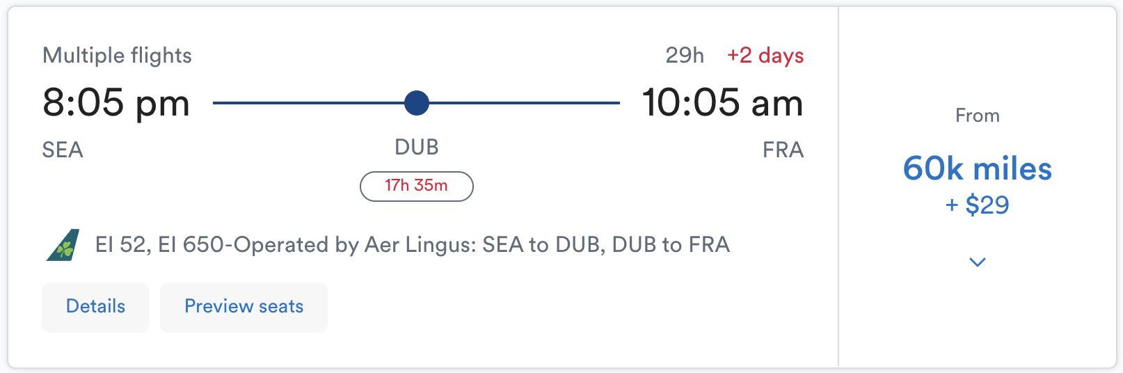 Fly Aer Lingus between SEA and FRA with a stopover in DUB for 60,000 Mileage Plan miles — in business class.