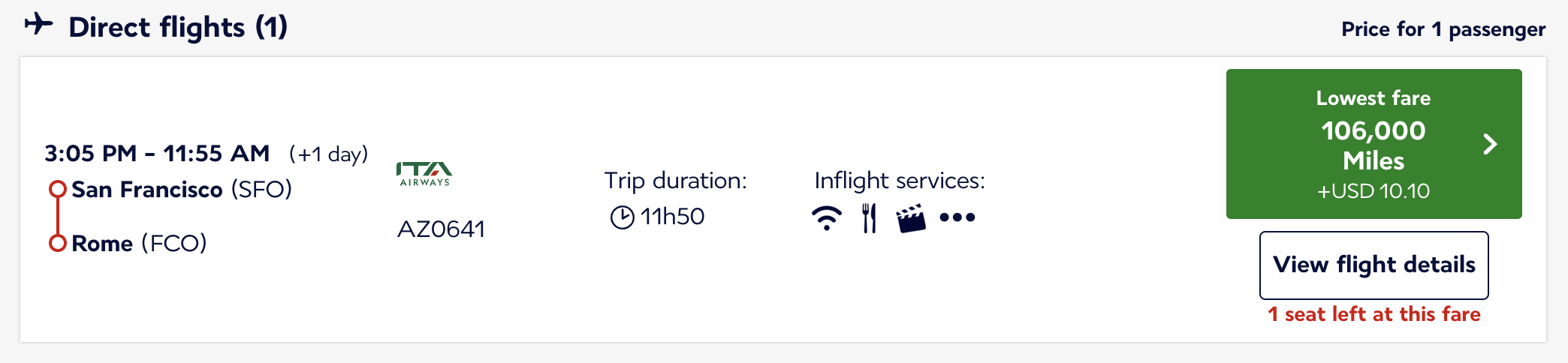 SFO to FCO on ITA Airways for 106,000 Flying Blue miles.