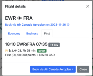 A Seats.aero booking modal for a Lufthansa first class flight from Newark to Frankfurt. The price of the flight is 90,000 miles and the book button directs the user to Aeroplan to complete the booking.