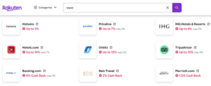 screenshot showing elevated percent back offers for travel options through Rakuten