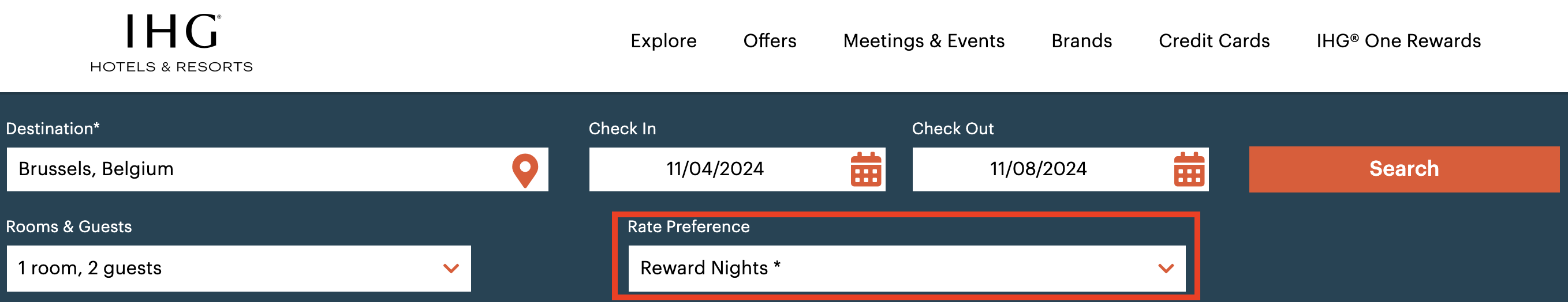 screenshot of a serch on the IHG homepage highlighting searching by rewards nights