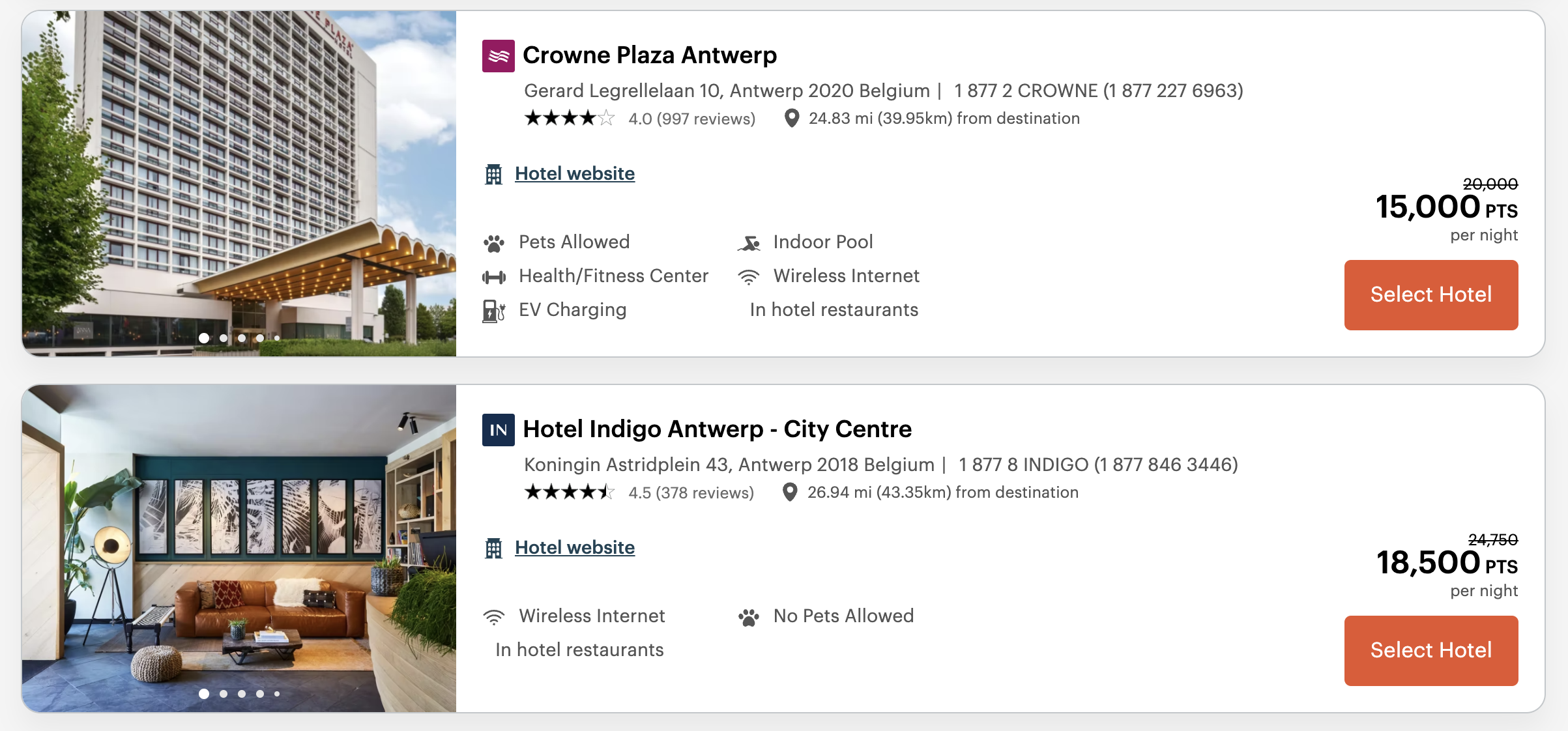 screenshot of IHG hotel options in Antwerp