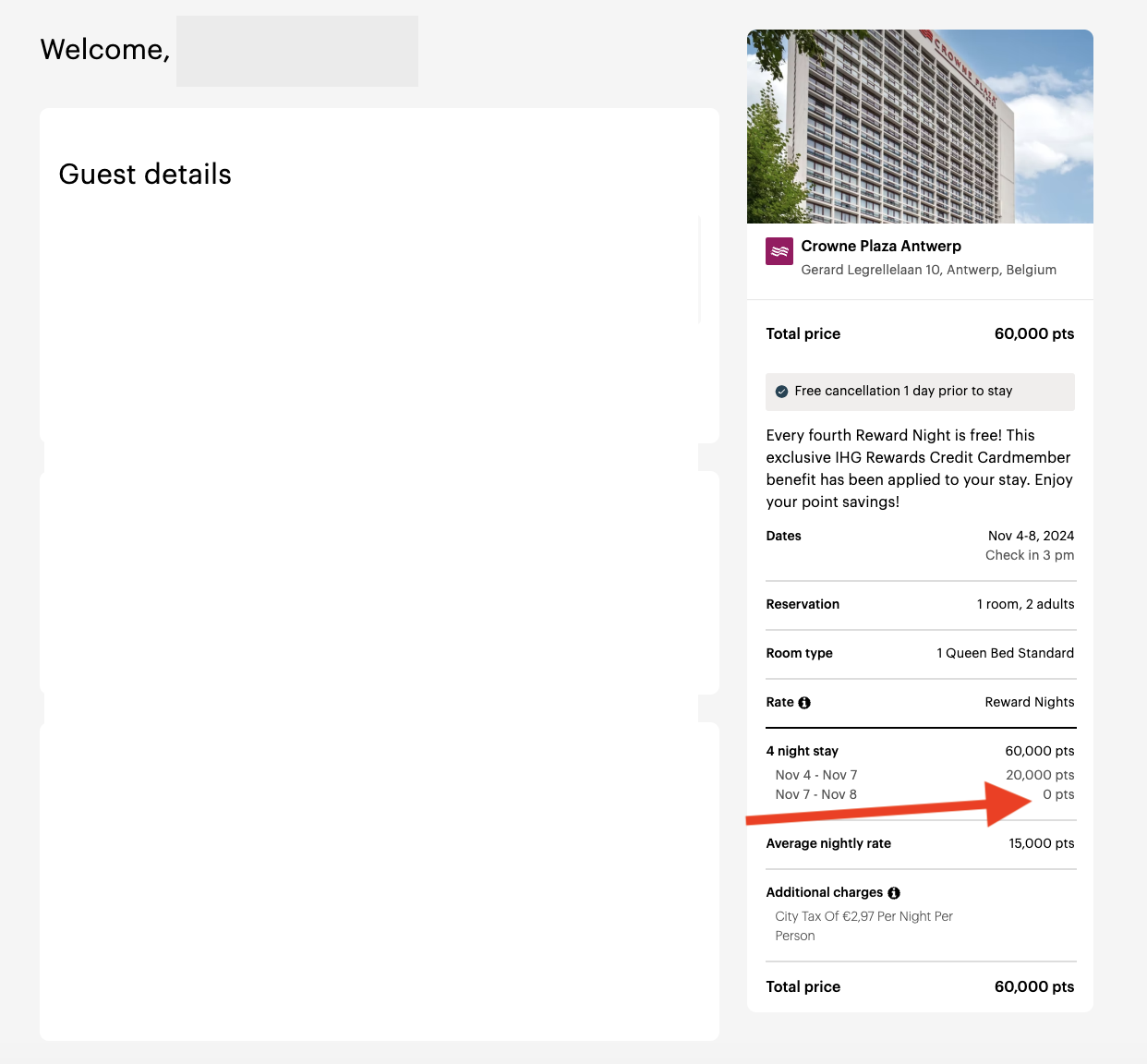 screenshot of IHG award booking confirmation page
