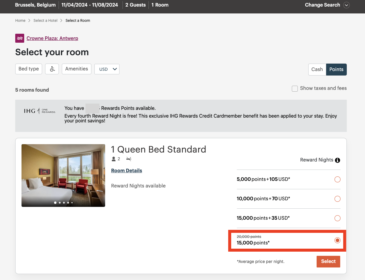 screenshot of the fourth night free reflected in the price of an IHG award booking