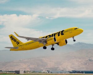 A Spirit Airlines plane taking off