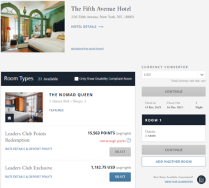 points redemption and cash payment options for this hotel