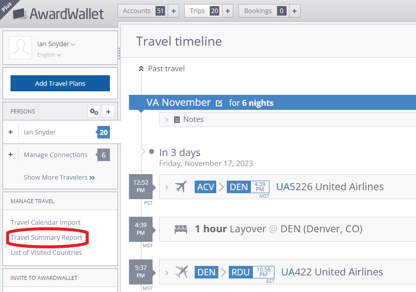 Link to your Travel Summary Report under Trips (desktop view).