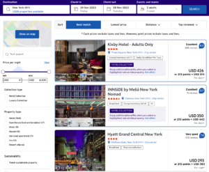 Hotel search results from the Citi portal.