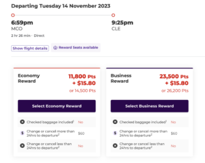 MCO to CLE for 11,800 Velocity points in economy and 23,500 in business/domestic first.