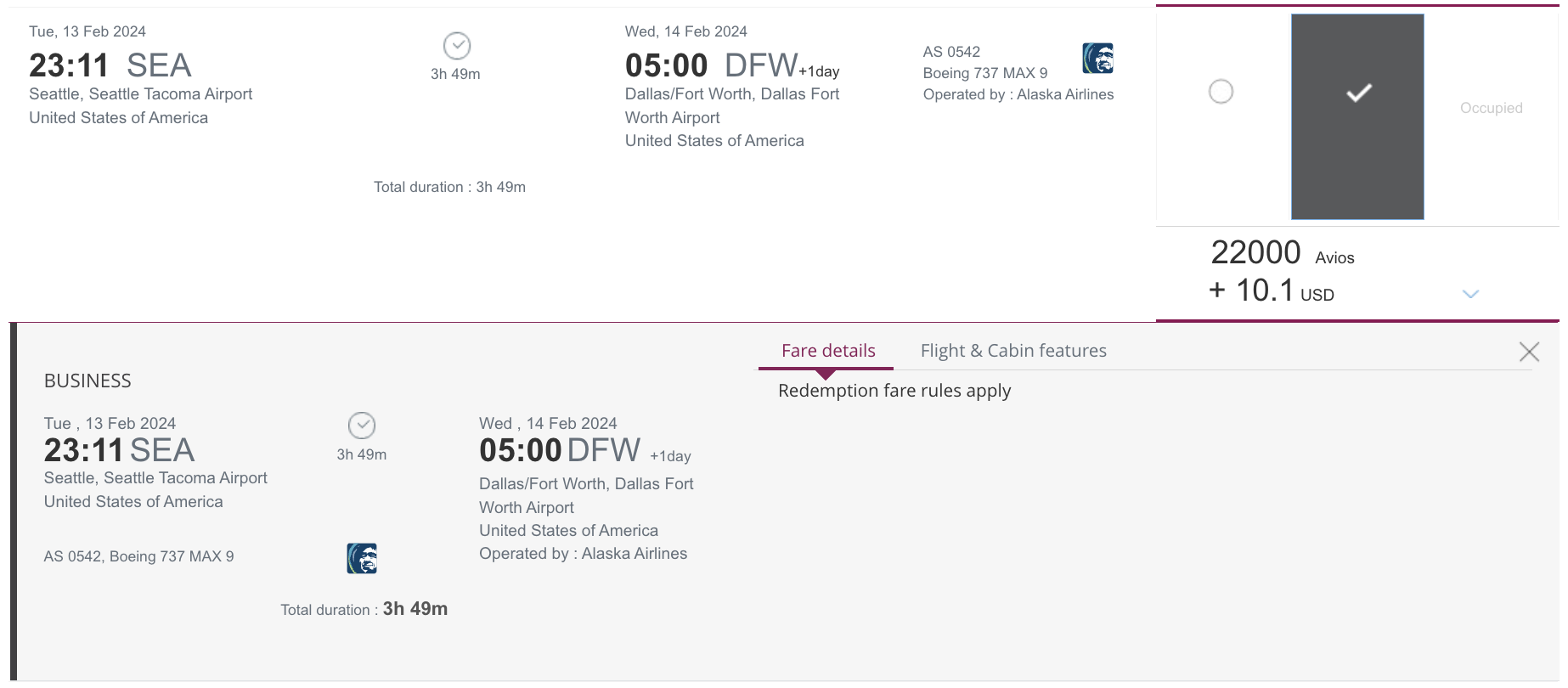 Alaska itinerary from SEA to DFW bookable with Qatar Avios.