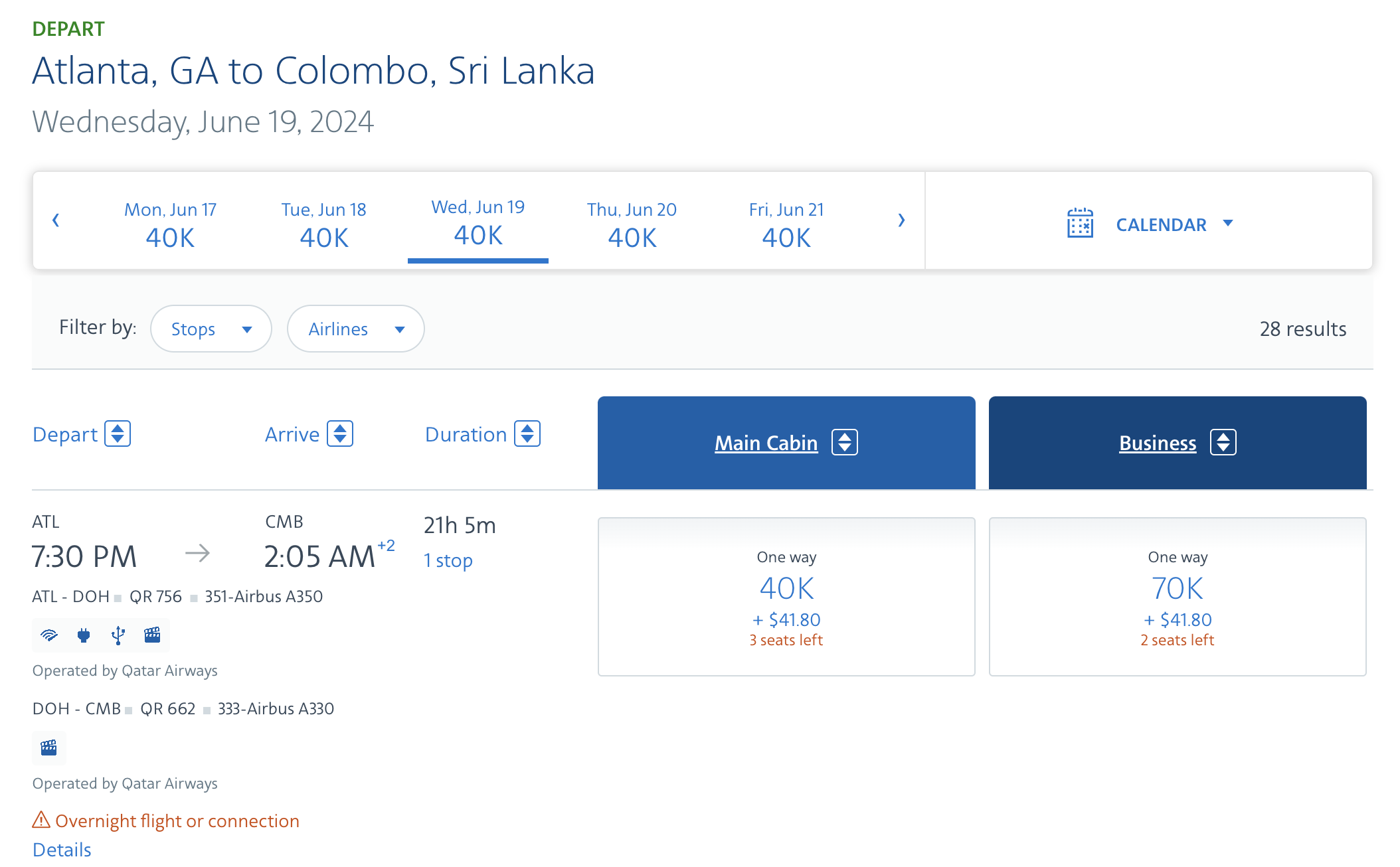 ATL to CMB in Qsuites for 70,000 AAdvantage miles.