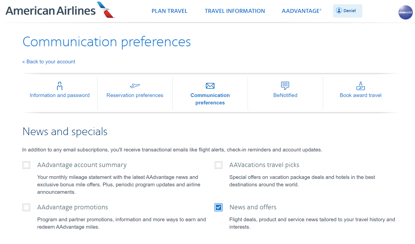 news and communications preferences in AA account