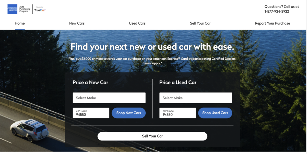 A screenshot of the front page of the Amex Auto Car Purchase. Here you can search new or used cars as an Amex credit card benefit.
