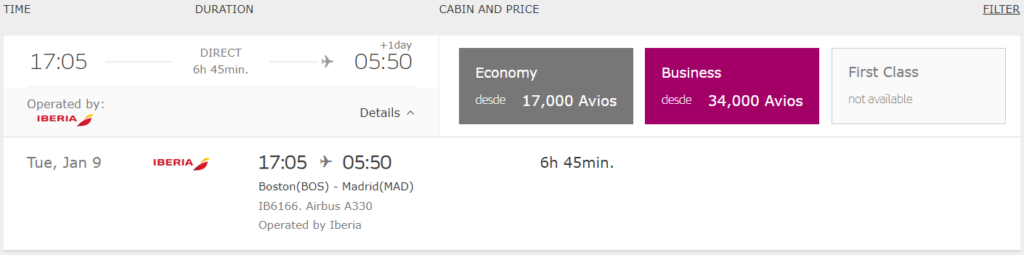 Iberia award example for Iberia direct flight from BOS to MAD