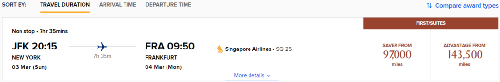 Singapore Airlines award example for SQ direct flight from JFK to FRA in first class