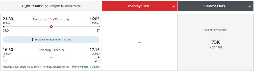 Business class award itinerary with stopover on Turkish and Aegean via Aeroplan