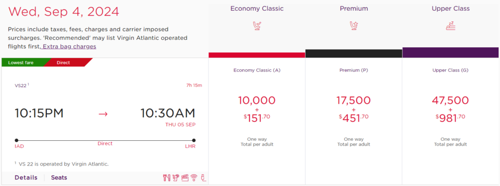 Virgin Atlantic award example for VS direct flight from IAD to LHR