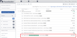 AwardWallet screenshot showing spending progress toward earning a Hilton free night award