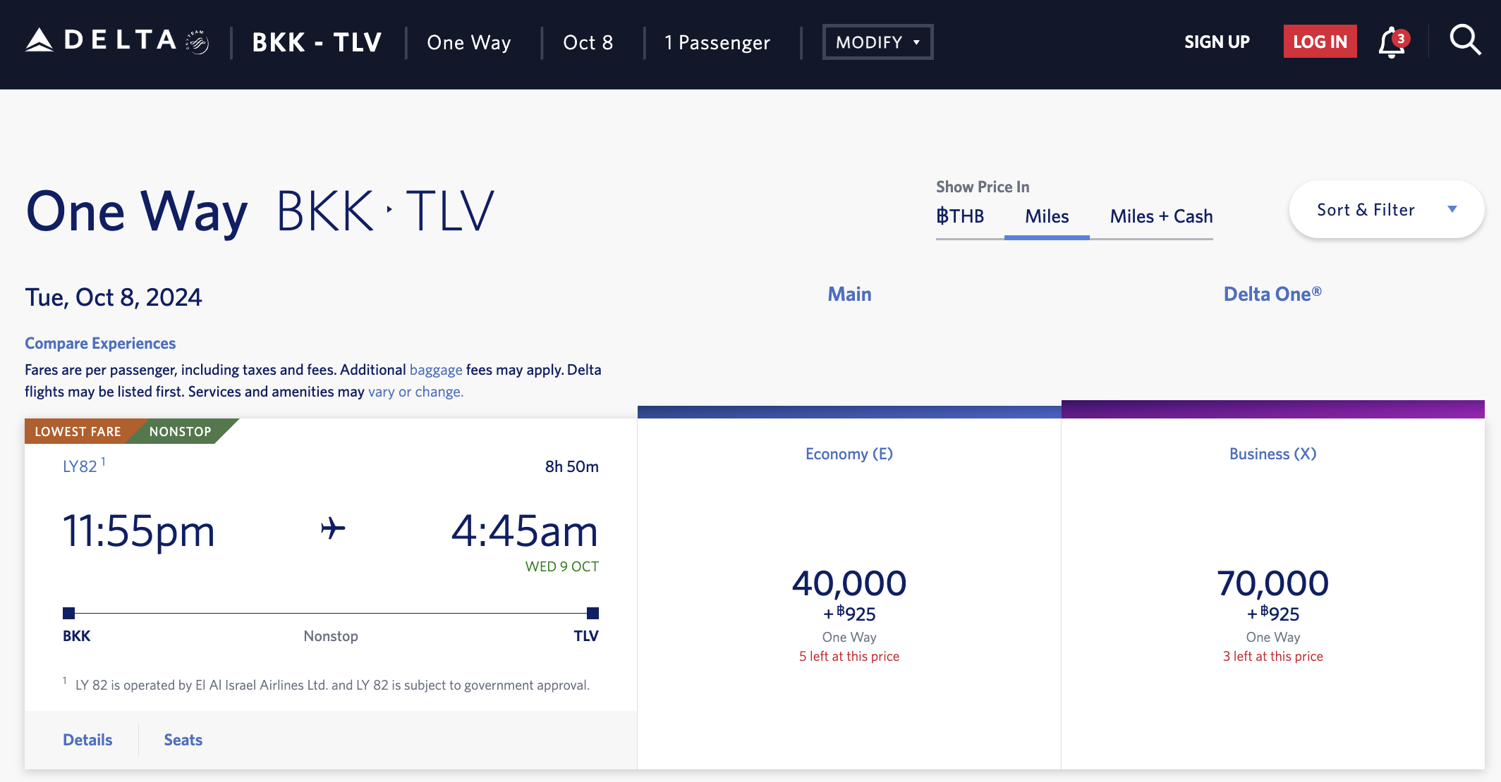 BKK to TLV on EL AL for 40,000 SkyMiles in economy and 70,000 in business class.