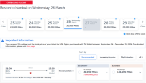 Turkish Airlines award search results from Boston to Istanbul for 20,000 Miles and Smiles in economy.