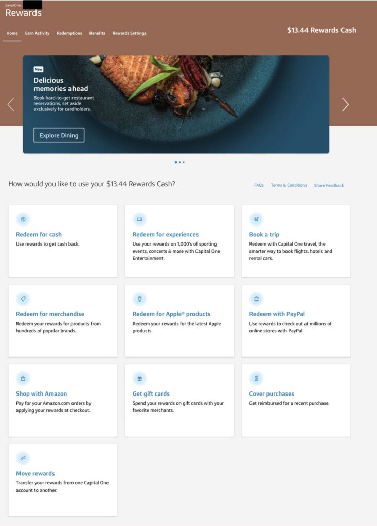 Screenshot of Capital One Account rewards page with Move Rewards button on the bottom left of the page.