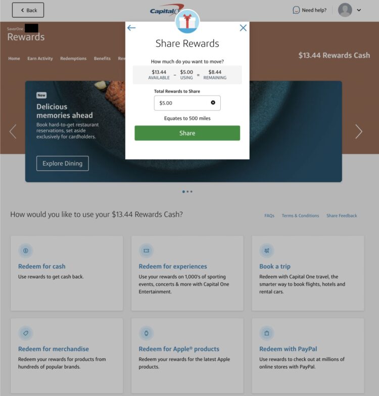 A screenshot of the Capital One account page that asks you to choose how much cash back you want to convert to miles.