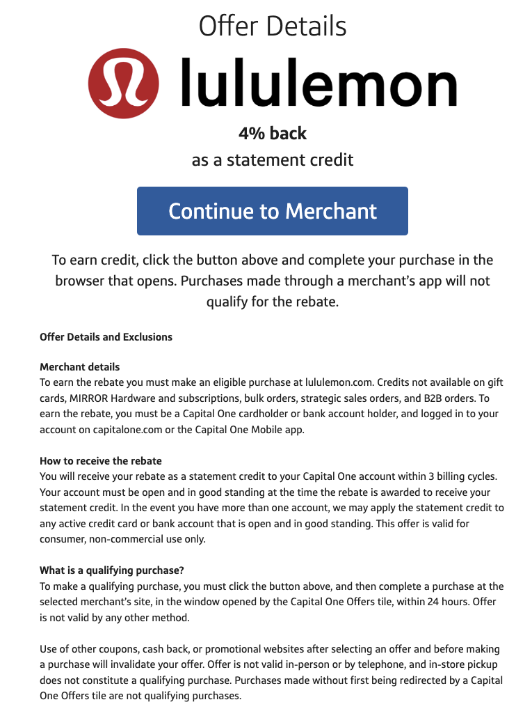 A screenshot of a Capital One Offers detail for Lululemon