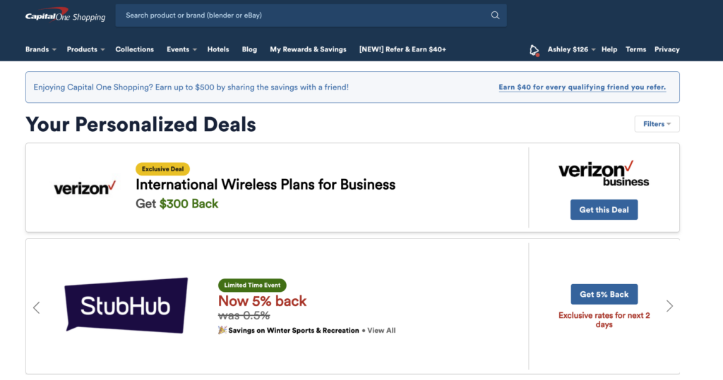 Screenshot of the Capital One Shopping hompage.