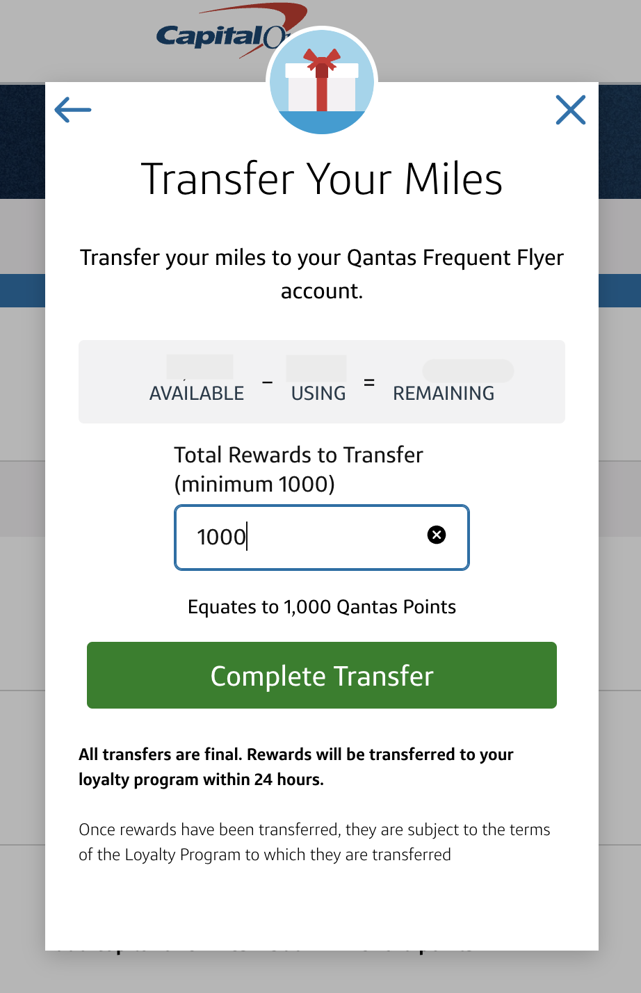 The last step in the transfer process - entering the number of miles you want to transfer and hitting complete.