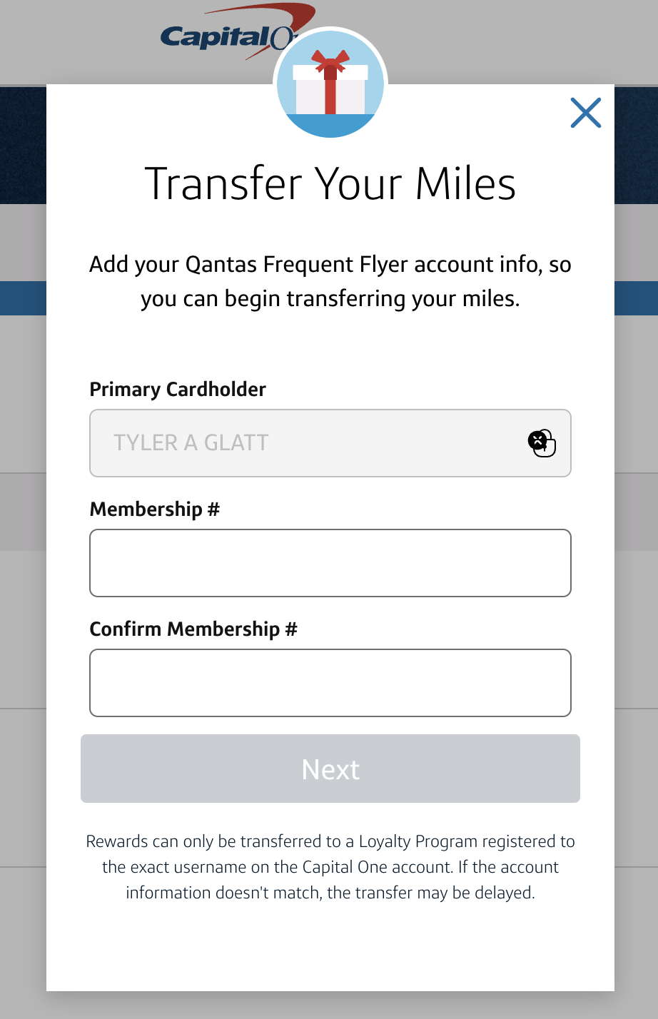 The Capital One transfer miles splash screen.