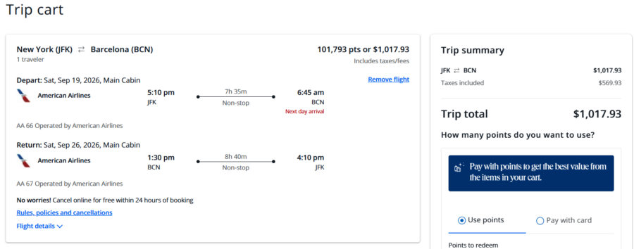 Chase Travel flight booking from New York to Barcelona