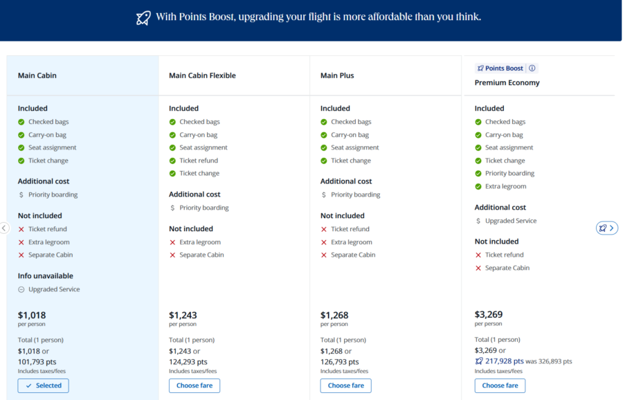 Chase Travel flight fare selection options