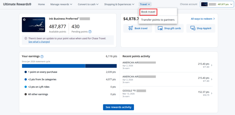 A red box highlights the 3 dots to click on to find how to redeem your Ultimate Rewards points for travel.