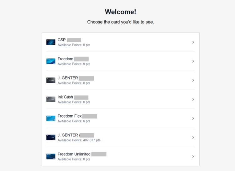A screenshot of Chase Ultimate Rewards Credit Cards summary