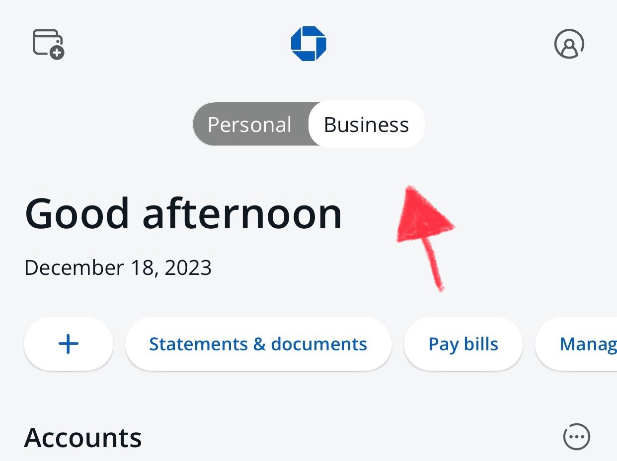 Screenshot of the Chase mobile app showing how to switch between personal and business accounts