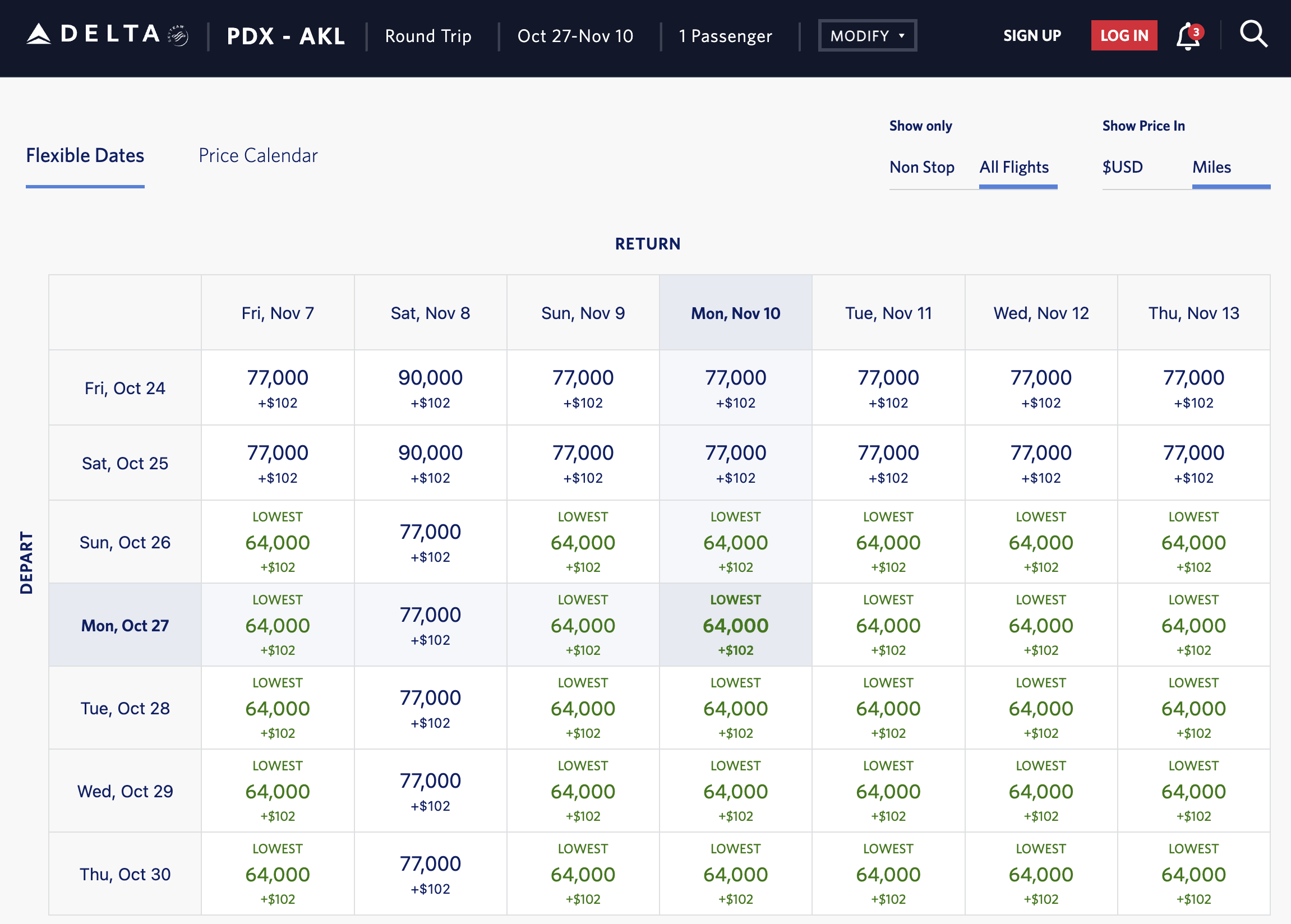 Delta award rates from PDX to AKL.