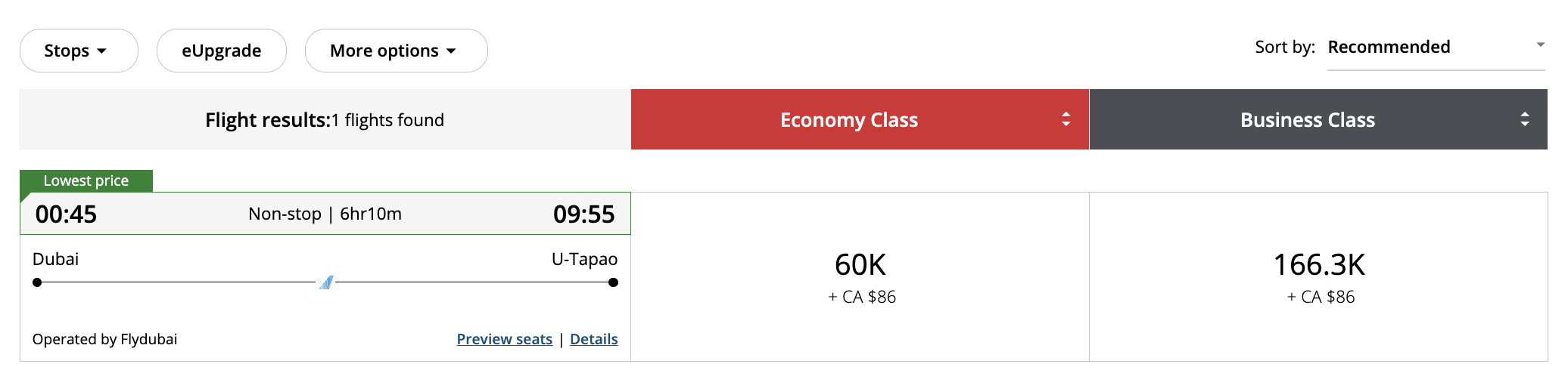 Flydubai flight from DXB to UTP bookable on Aeroplan for 60K points in economy or 166.3K in business.