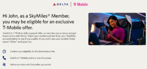 Screenshot of website for 10,000 bonus Delta SkyMiles for switching to T-Mobile