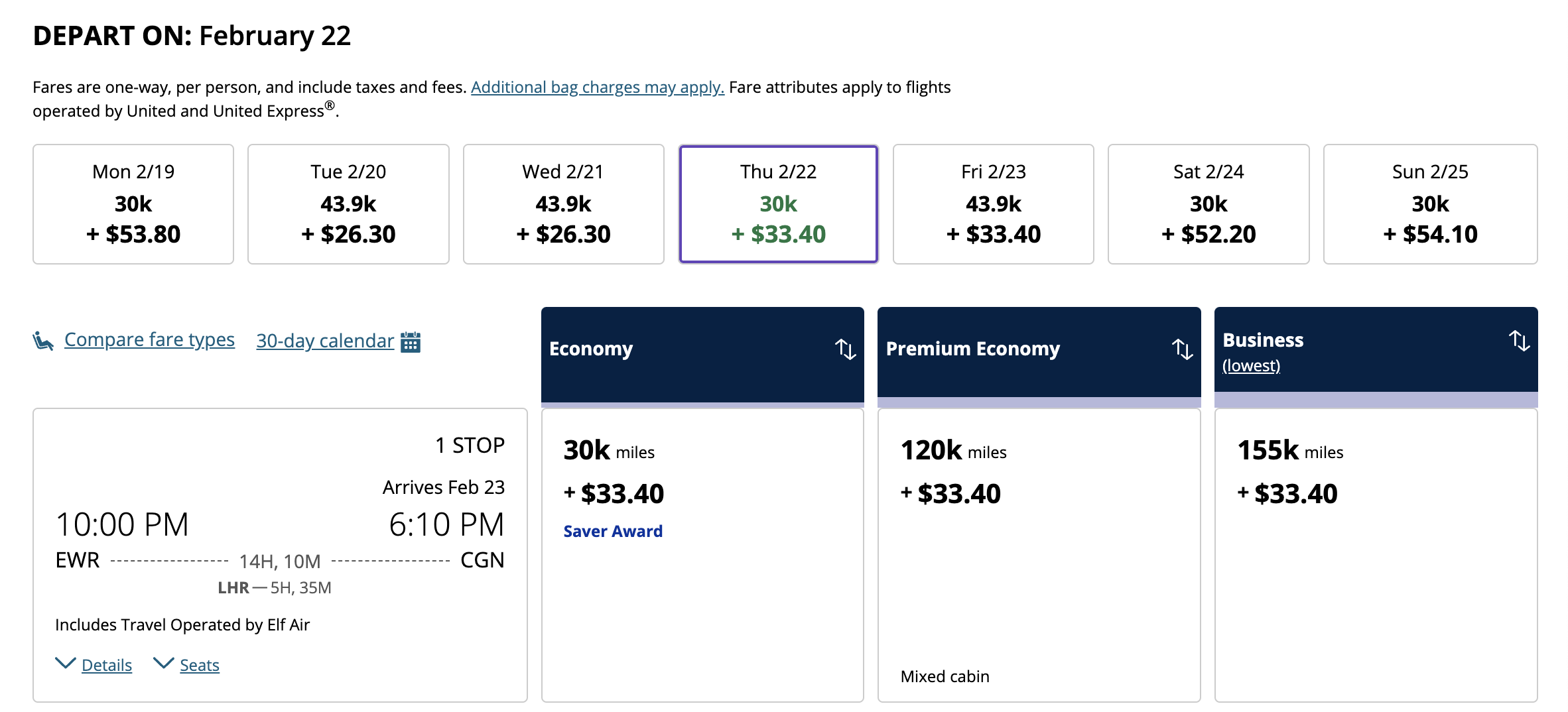 EWR to CGN airport for 30K MileagePlus miles.