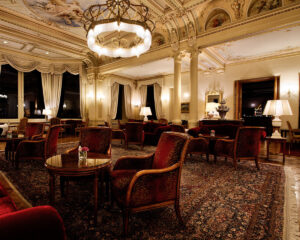 Palatial Hotel lobby with ornate high ceilings in Switzerland