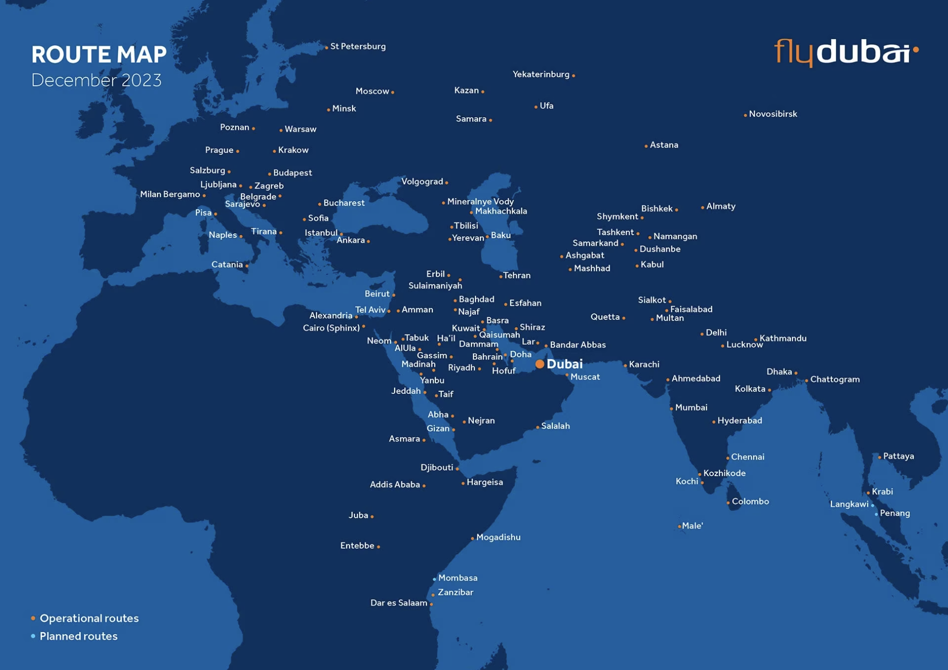 flydubai's route map as of December 2023