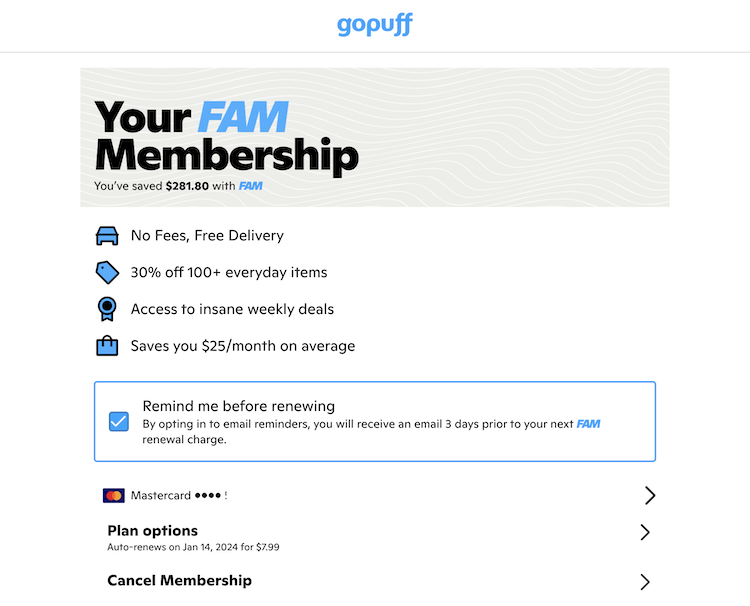 Gopuff cancel family membership option