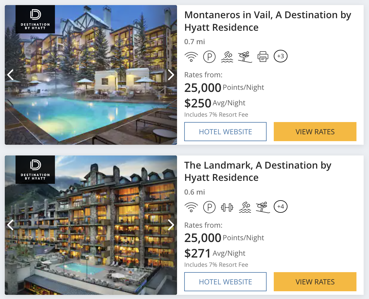 Two Destination properties in Vail, CO, bookable with Hyatt points.