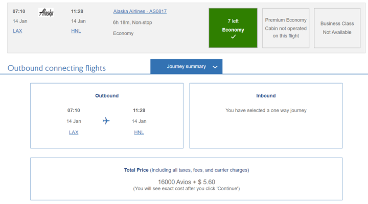 LAX to HNL bookable via British Airways for 16,000 Avios.