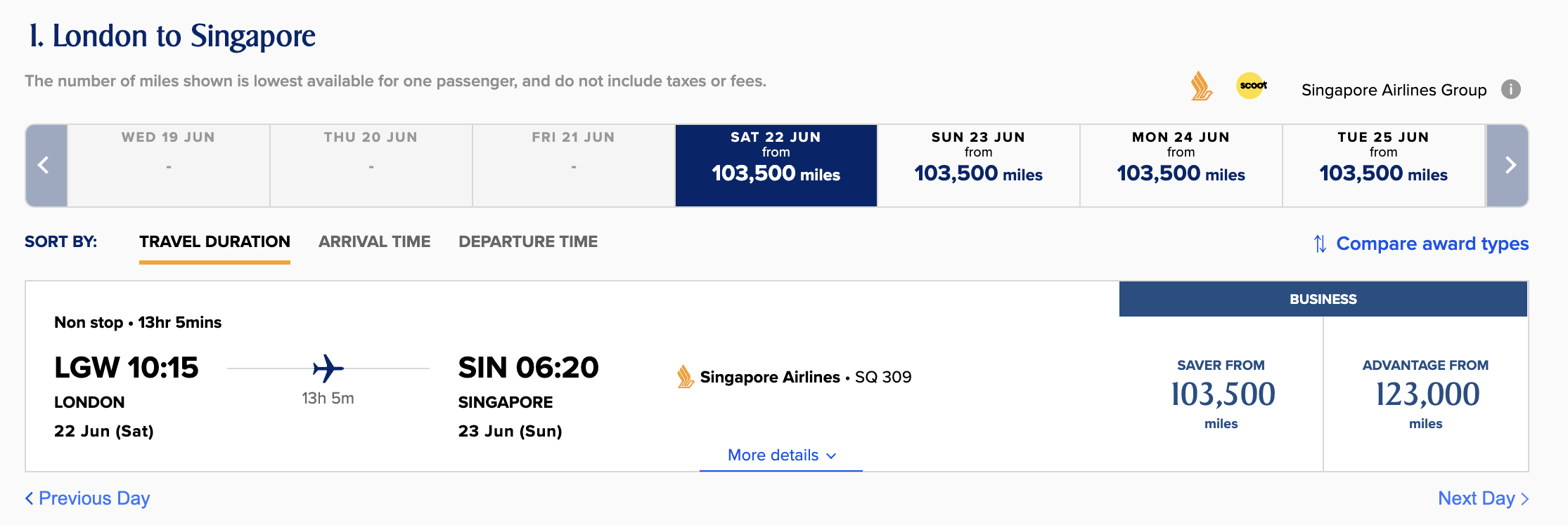 LGW to SIN for 103,500 Singapore Airlines KrisFlyer miles.
