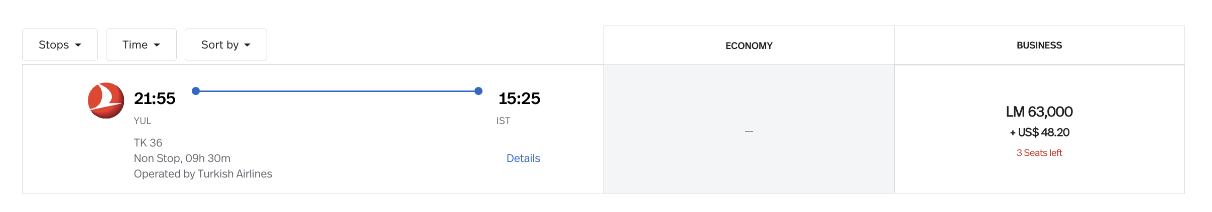 Turkish Airlines business class flight from YUL to IST available via LifeMiles for 63,000 miles.