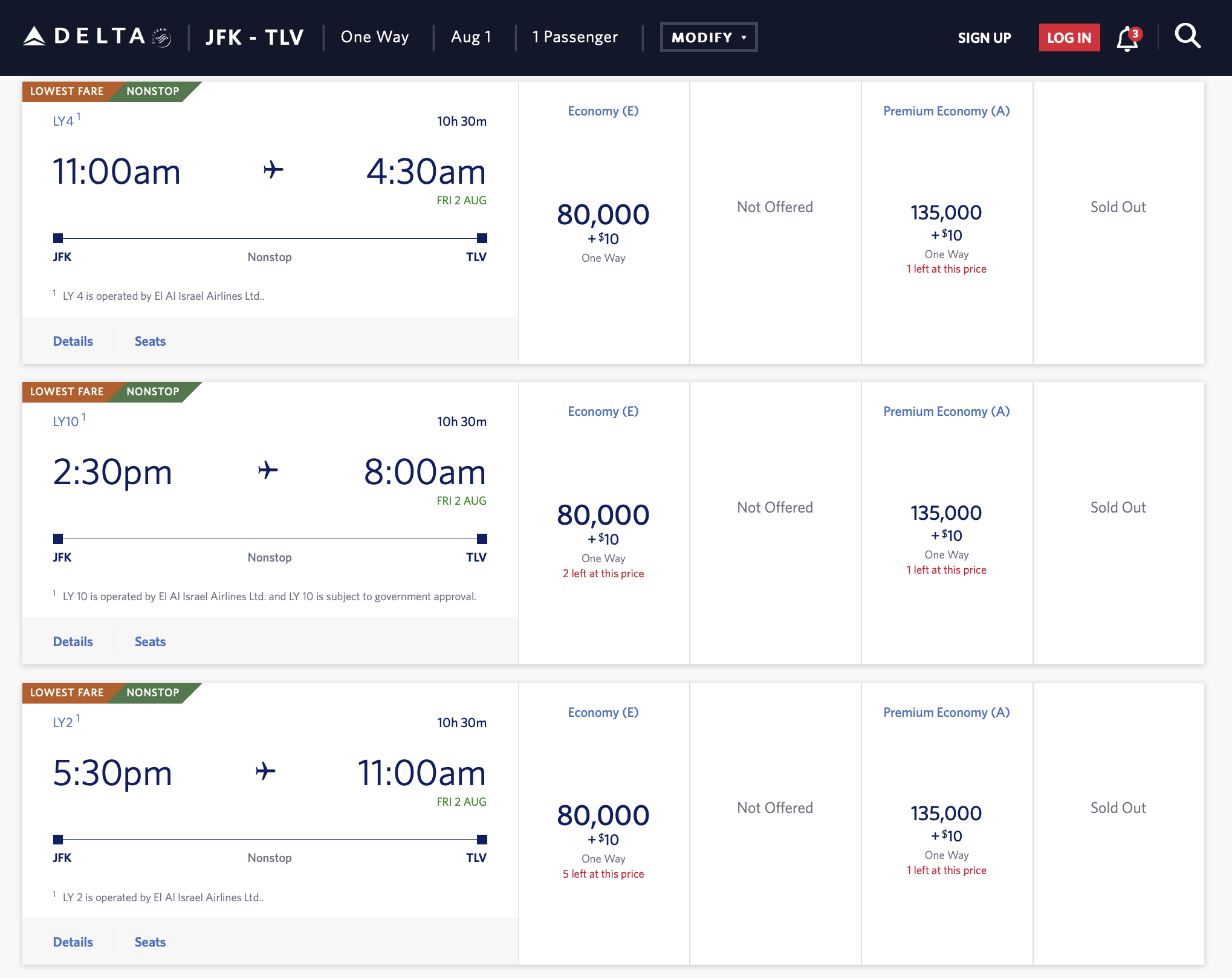 El Al award from New York JFK to Tel Aviv itinerary bookable with Delta SkyMiles