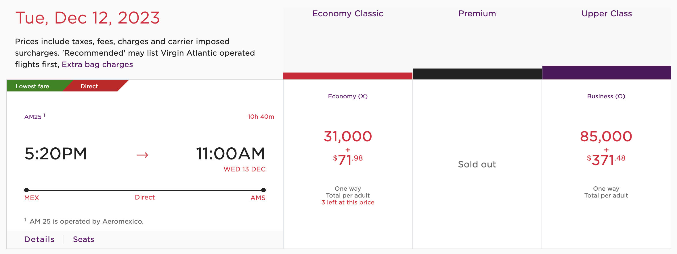 Aeromexico itinerary from MEX to AMS bookable from 31,000 Virgin Atlantic Flying Club miles one-way.