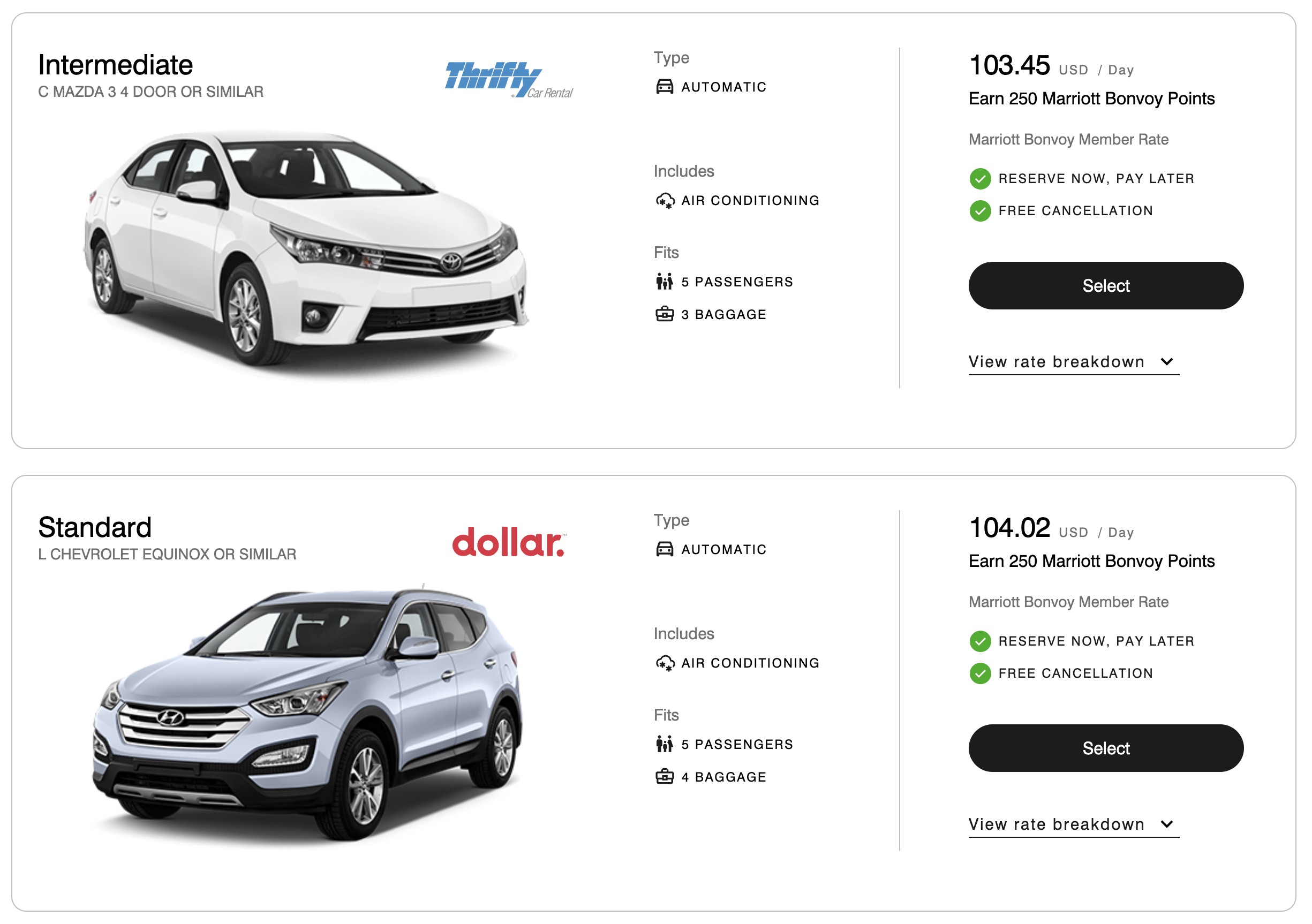Thrifty and Dollar now show as bookable options on Marriott's car rental portal.
